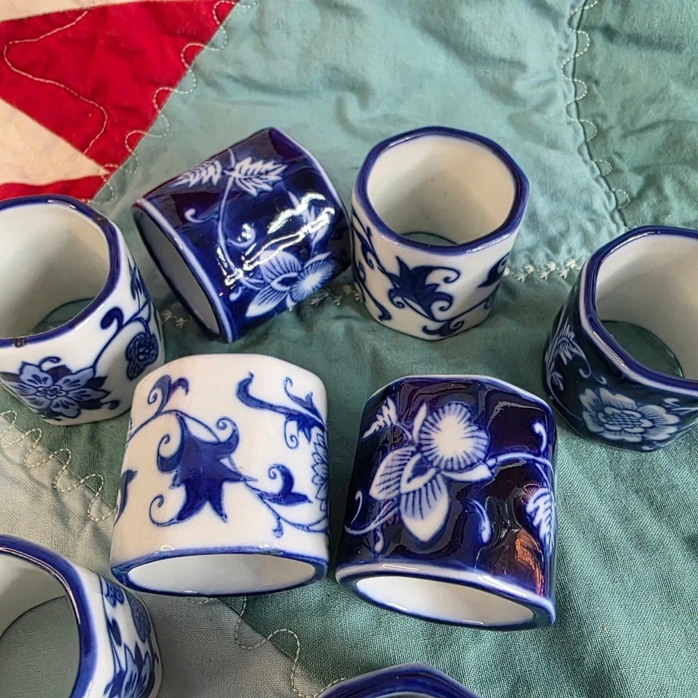 Blue and White Porcelain Floral Napkin Rings Set of 8 Chinoiserie Style